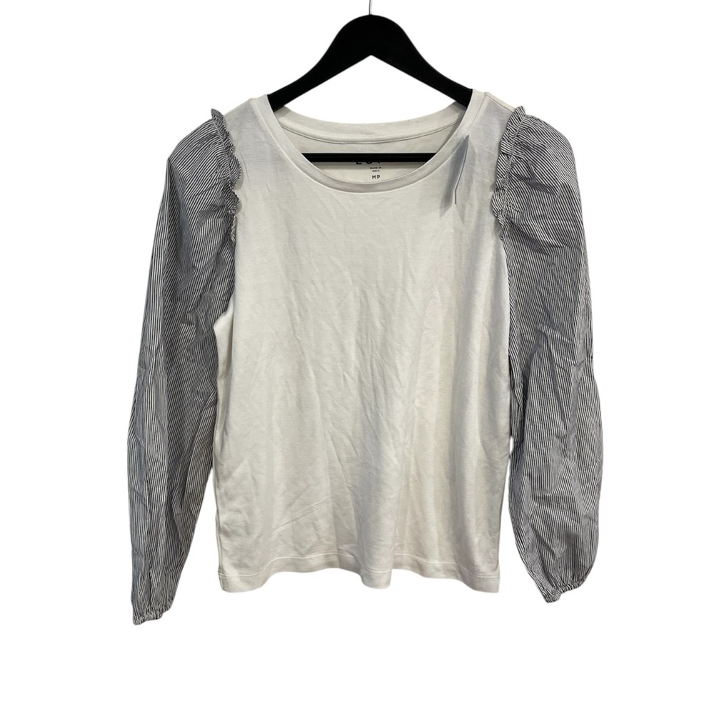 LOFT White Top with Blue Striped Sleeves
